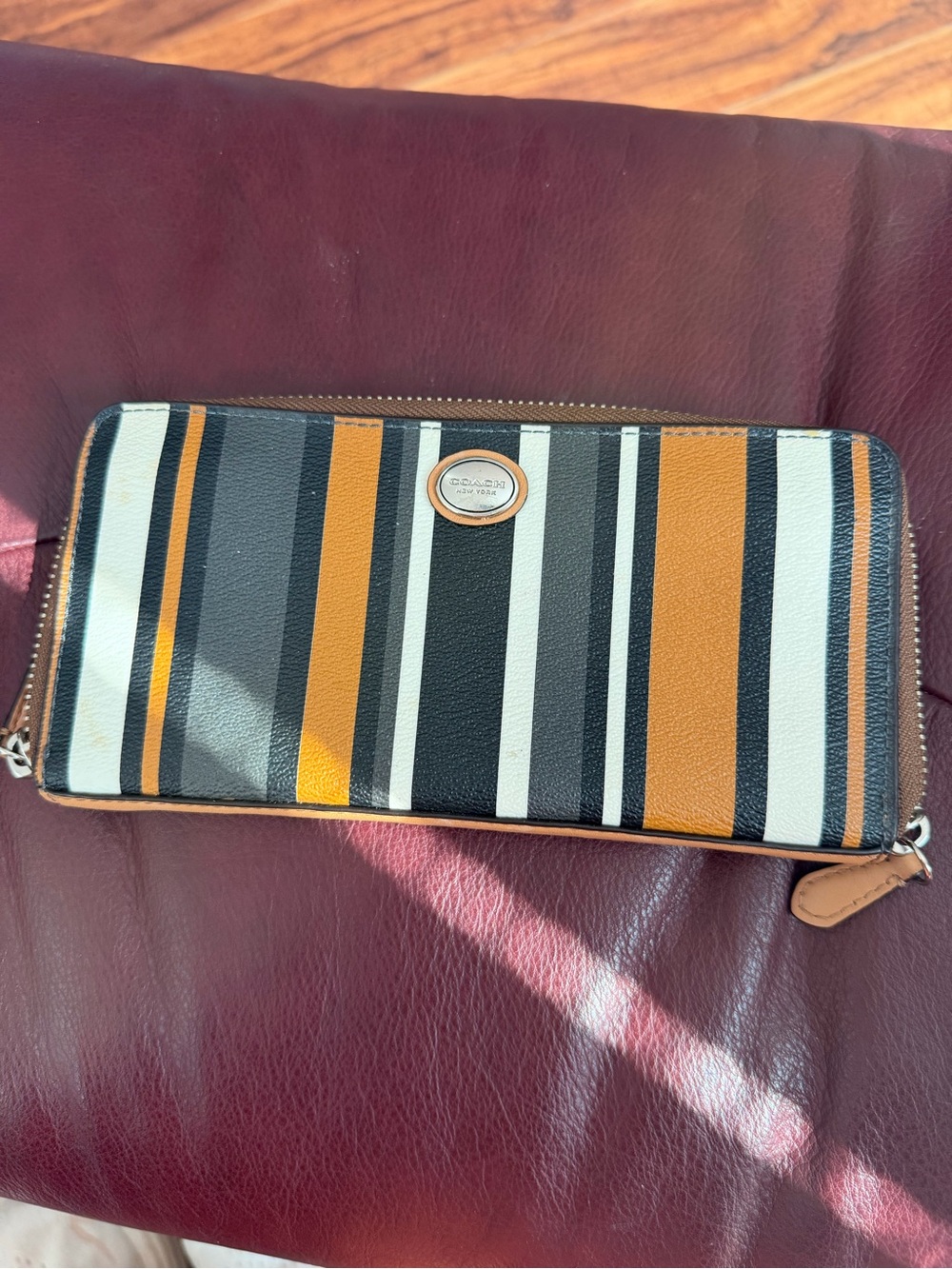 Coach Striped Zip Wallet in Black, White & Tan